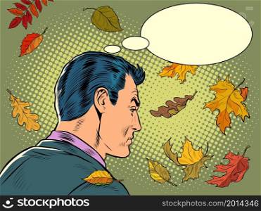 Autumn melancholy. A sad businessman reflects. An emotional moment at work. Loneliness and stress. Pop Art Retro Vector Illustration Kitf Vintage 50s 60s Style. Autumn melancholy. A sad businessman reflects. An emotional moment at work. Loneliness and stress