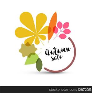 Autumn minimalist sale label made from minimalist leafs with place for your text. Autumn minimalist sale label with leaves