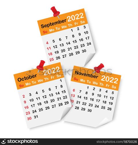 Autumn months 2022. Orange calendar page icon. Red drawing pin. Office template. Vector illustration. Stock image. EPS 10.. Autumn months 2022. Orange calendar page icon. Red drawing pin. Office template. Vector illustration. Stock image.