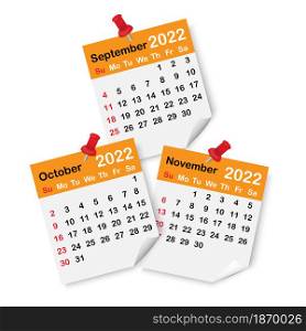 Autumn months 2022. Orange calendar page icon. Red drawing pin. Office template. Vector illustration. Stock image. EPS 10.. Autumn months 2022. Orange calendar page icon. Red drawing pin. Office template. Vector illustration. Stock image.