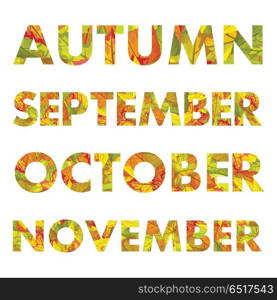 Autumn months vector illustrations. Autumn, september, october, november names colored with fallen leaves of different trees. For nature concepts, calendar prints, seasonally ad and promotions design. Autumn Months Names Vector Illustrations . Autumn Months Names Vector Illustrations