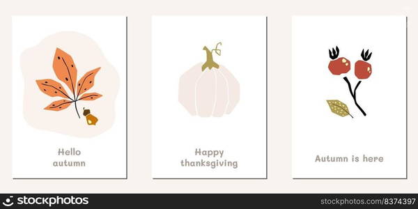 Autumn mood greeting card poster template. Welcome fall season thanksgiving invitation. Minimalist postcard nature leaves, trees, pumpkins, abstract shapes. Vector illustration in flat cartoon style