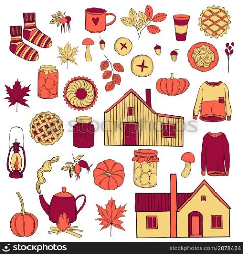 Autumn mood set. Private houses, pumpkins, fall leaves, homemade cakes and drinks, warm clothes for cold weather.Vector sketch illustration.. Autumn mood set. Vector sketch illustration.