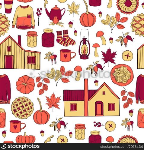 Autumn mood set. Private houses, pumpkins, fall leaves, homemade cakes and drinks, warm clothes for cold weather.Vector seamless pattern.. Autumn mood set. Vector seamless pattern.