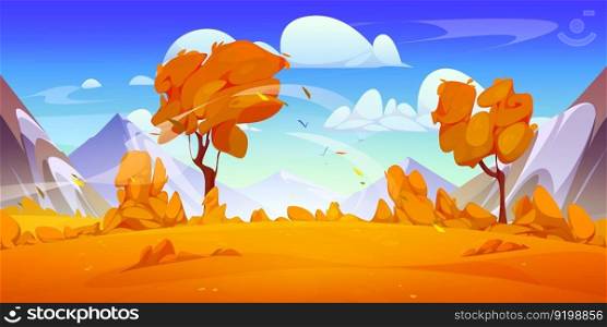 Autumn mountain valley landscape illustration cartoon vector illustration. Beautiful and wild fall nature scenery environment for expedition trip in Canada. Sunny weather with birds flying in sky. Autumn mountain valley landscape illustration