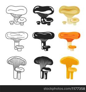 Autumn mushrooms icons collection. Vector line, silhouete and cartoon mushrooms isolated on white background. Mushroom icons. Autumn mushrooms set vector illustration
