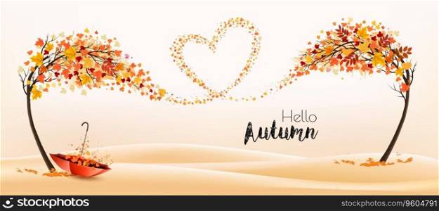 Autumn natural background with trees and flying colorful leaves gathered in the form of a heart. Vector.