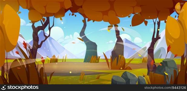 Autumn natural landscape with sw&in mountain valley. Vector cartoon illustration of old forest trees with yellow foliage, leaves flying in air wind, blue sky with clouds. Travel game background. Autumn natural landscape, sw&in mountain valley