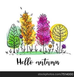 Autumn natural landscape with yellow, green and red watercolor trees on a white background. Hand drawn vector illustration.