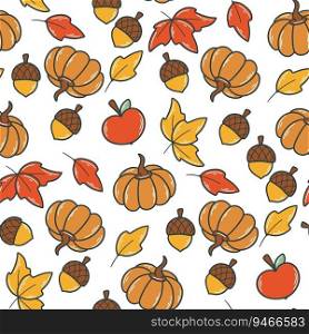 Autumn natural seamless pattern. Background with maple leaves, acorns, apples and pumpkins. Seasonal fall print for textiles, wallpaper, fabric and decor, vector illustration. Autumn natural seamless pattern vector illustration