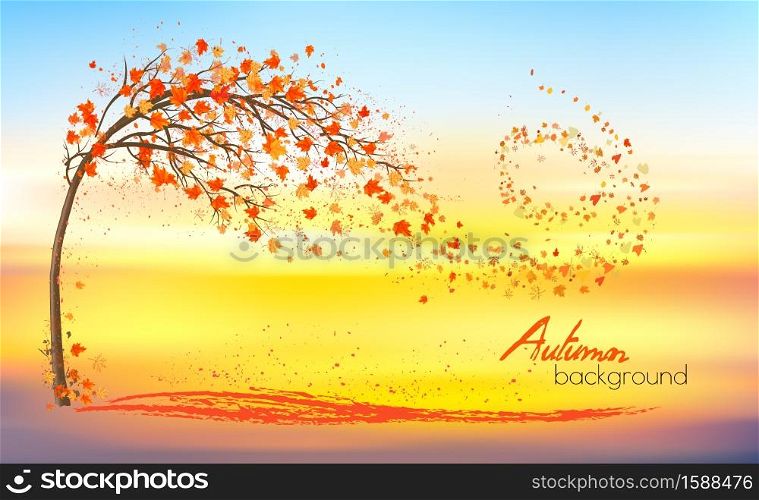 Autumn nature background with a tree and a colorful leaves and sunset. Vector.