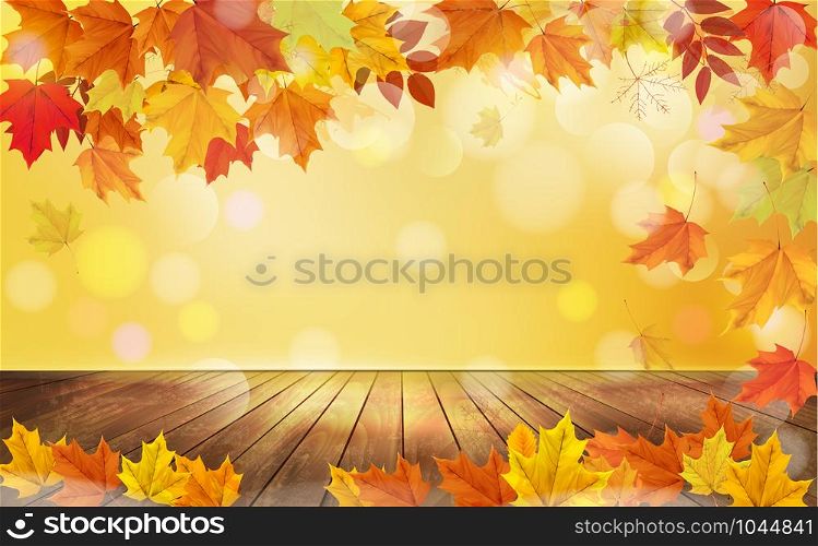 Autumn Nature Background with Colorful Leaves and Wooden Floor. Vector illustration