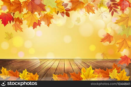 Autumn Nature Background with Colorful Leaves and Wooden Floor. Vector illustration