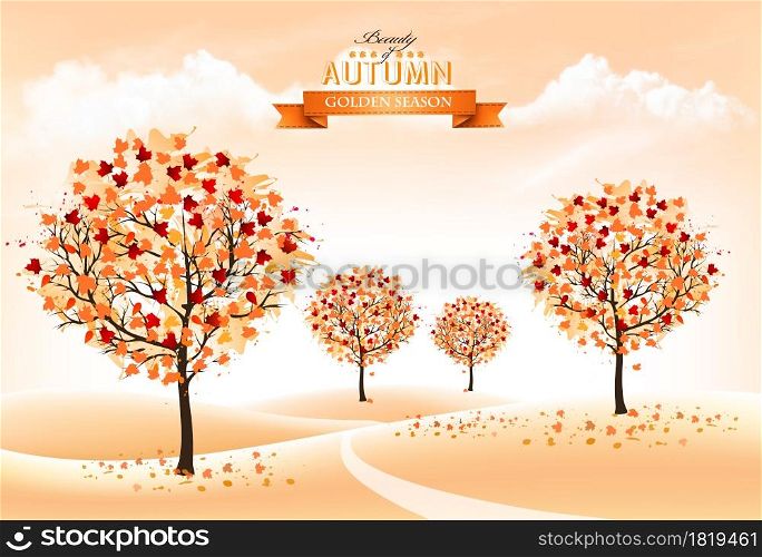 Autumn nature background with colorful trees and landscape. Vector.