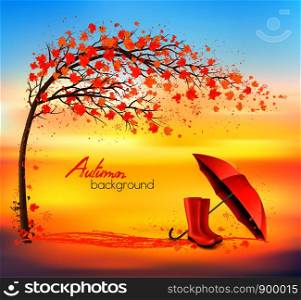 Autumn nature background with trees and umbrella and rain boots. Vector.
