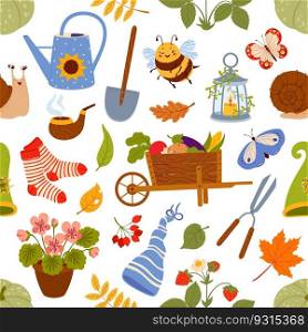 Autumn nature, farm tools and harvest seamless pattern. Textile pattern, wallpaper vector backdrop with wheelbarrow and vegetables, tree leaves, watering can, flowerpot and bumblebee cartoon character. Autumn nature, farm harvest seamless pattern