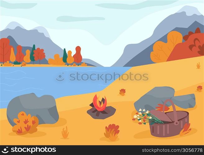 Autumn nature flat color vector illustration. Picnic near lake. Holiday recreation with camping. Hiking in woods. Set bonfire to relax. Fall 2D cartoon landscape with mountains on background. Autumn nature flat color vector illustration