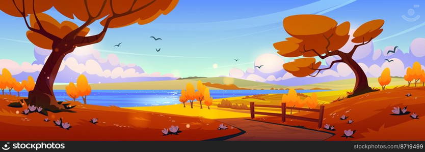 Autumn nature landscape, rural dirt road going through yellow field and trees to clear lake. Cartoon fall season scenery background with path under blue sky with fluffy clouds, Vector illustration. Autumn nature landscape, rural dirt road and lake