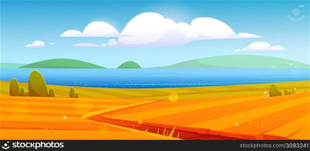 Autumn nature landscape, rural dirt road going through yellow field to blue sea shore or lake. Cartoon fall season scenery background with path under blue sky with fluffy clouds, Vector illustration. Autumn nature landscape, rural dirt road, field