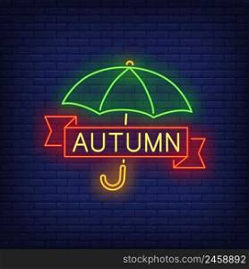 Autumn neon lettering with umbrella. Shopping, discount, sale design. Night bright neon sign, colorful billboard, light banner. Vector illustration in neon style.