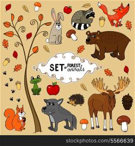 Autumn north forest animals set vector illustration