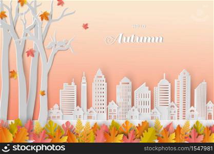 Autumn or Fall background with colorful leaves and white city on paper art style,vector illustration