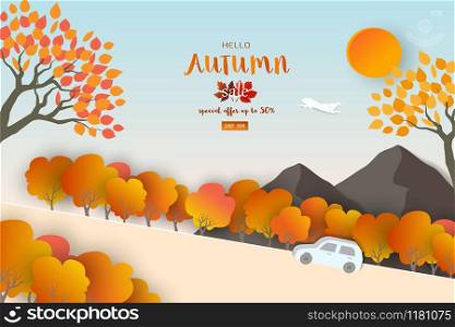 Autumn or fall landscape background with space for your text,for poster,advertising,website,flyer,template,voucher discount or online shopping,vector illustration