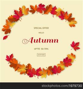 Autumn or fall sale banner background with colorful leaves for advertising,shopping online,website or discount promotion,vector illustration