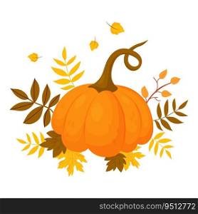 Autumn Orange pumpkin with fall leaves. Vector illustration in cartoon flat style for autumnal design, cards, print
