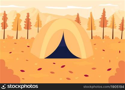 Autumn outdoor recreation flat color vector illustration. Tent in seasonal scenery. Expedition to fall woods. Seasonal hiking. Autumnal 2D cartoon landscape with no people on background. Autumn outdoor recreation flat color vector illustration