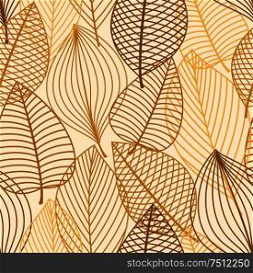 Autumn outline yellow, orange and brown leaves seamless pattern background for seasonal design. Yellow and brown leaves seamless pattern