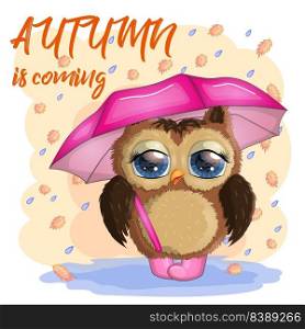 Autumn Owl with big eyes, in Boots, with pink umbrella. wear fashion design, greeting card, party invatation. Autumn Owl with green eyes, on a branch, with umbrella