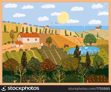 Autumn panorama countryside landscape farm fields. Fall rural rustic view, trees, hills yellow orange foliage. Autumn panorama countryside landscape farm fields. Fall rural rustic view, trees, hills yellow orange foliage. Vector illustration isolated poster banner card cover