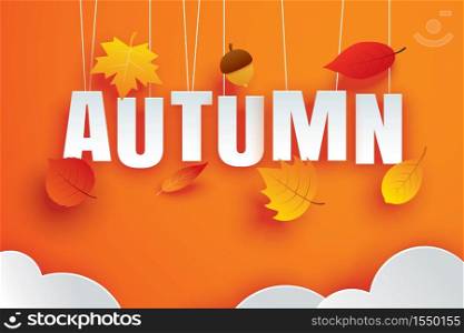 Autumn paper art style cloud and leaves hanging on orange background. Use for greeting card or invitation.