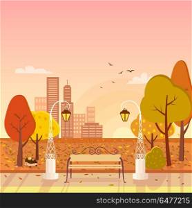 Autumn Park and Cityscape Vector Illustration. Autumn park with trees and lanterns, bench and birds, as well as cityscape with skyscrapers on vector illustration, fall background