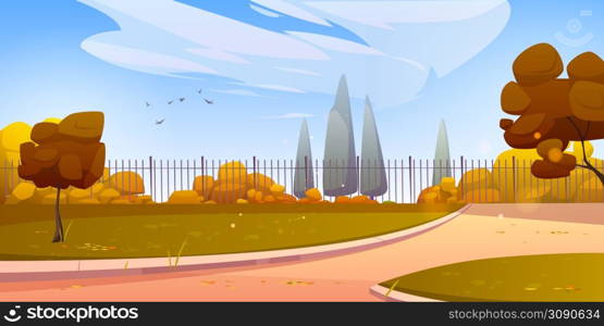 Autumn park, city area background with pathway, lawn and yellow or brown trees. Fall season landscape with urban garden under blue cloudy sky, public place for recreation, Cartoon vector illustration,. Autumn park, city area background with pathway