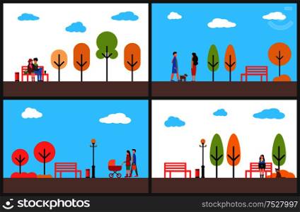 Autumn park fall season scenery and walking people vector. Father and mother with perambulator, couple working with laptop sitting on wooden bench. Autumn Park Fall Season Scenery and Walking People