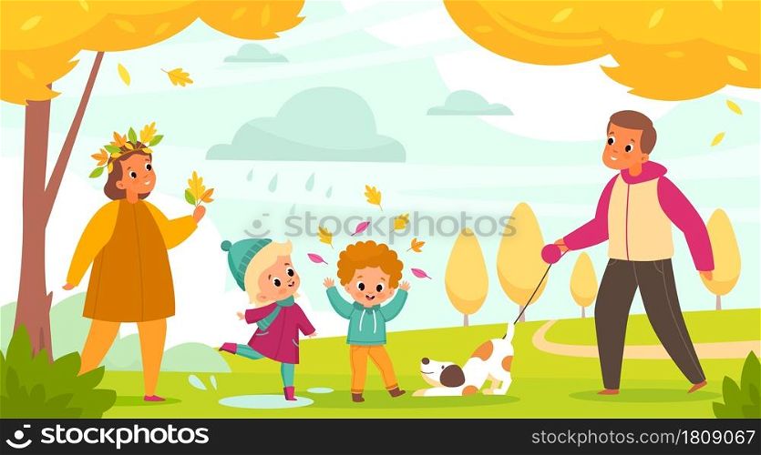 Autumn park family. Parents with children walk with dog outdoor activity, people and pet, mom and dad, son and daughter walking among red yellow trees with falling orange leaves vector cartoon concept. Autumn park family. Parents with children walk with dog outdoor activity, people and pet, mom and dad, son and daughter walking among yellow trees with falling orange leaves vector concept