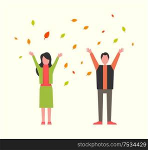 Autumn park joy, people playing with fallen leaves vector. Man and woman having fun, foliage from autumnal trees. Couple throwing frondage outdoors. Autumn Park Joy, People Playing with Fallen Leaves