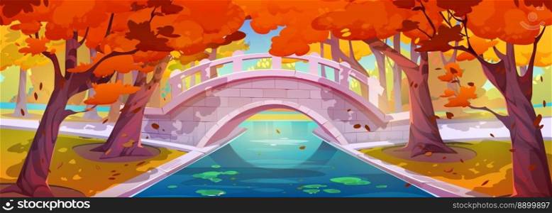 Autumn park landscape with bridge over pond, grass and trees with orange foliage. Forest or garden with stone bridge and river or canal in fall, vector cartoon illustration. Autumn park landscape with bridge over pond