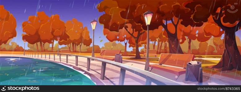 Autumn park landscape with lake, embankment, wooden benches and trees with orange leaves in rain. Empty promenade, river quay with balustrade and lanterns in fall, vector cartoon illustration. Autumn park landscape with lake embankment in rain