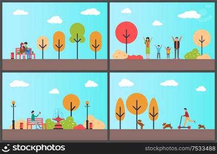 Autumn park man sitting on wooden bench fall season relaxation vector. Couple working on laptop, family spending happy days together, male on scooter. Autumn Park Man Sitting on Wooden Bench Fall Set