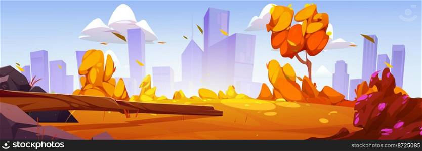 Autumn park or country landscape with orange grass, log, stones and modern city on skyline. Nature scene of lawn with bushes and flowers, trees in fall, vector cartoon illustration. Autumn park or country landscape with orange grass