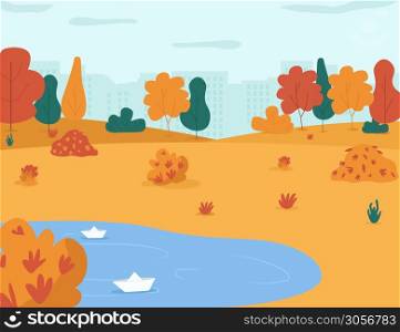 Autumn park semi flat vector illustration. City garden with rain puddles for children to play. Town center with trees and leaf piles. Fall seasonal 2D cartoon landscape for commercial use. Autumn park semi flat vector illustration