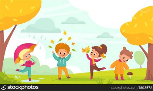 Autumn park walking. Happy kids play outdoor with falling leaves, little boys and girls with umbrellas jump through puddles and collect mushrooms, year season activities scene. Vector cartoon concept. Autumn park walking. Happy kids play outdoor with falling leaves, little boys and girls with umbrellas jump through puddles and collect mushrooms, year season activities vector cartoon concept