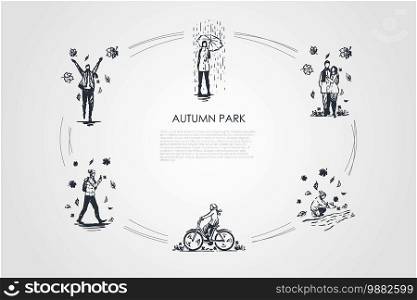 Autumn park - walking in rain with umbrella, enjoying leaf fall, riding bicycles, making photoes of fallen leaves, making paper boats vector concept set. Hand drawn sketch isolated illustration. Autumn park - walking in rain with umbrella, enjoying leaf fall, riding bicycles, making photoes of fallen leaves, making paper boats vector concept set