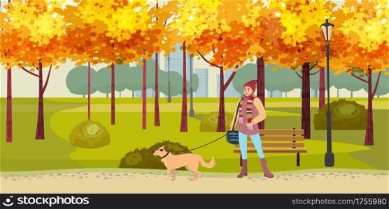 Autumn Park woman walks with dog, yellow orange red foliage trees, walkway bench. Fall mood outdoor cityscape. Vector isolated illustration. Autumn Park woman walks with dog, yellow orange red foliage trees, walkway bench. Fall mood outdoor cityscape. Vector isolated illustration isolated