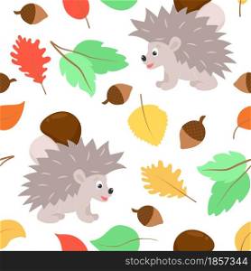 Autumn pattern hedgehog carries a mushroom and leaves falling. Seamless fall background. Seasonal colorful leafy template for wallpaper, packaging, fabric and design.. Autumn pattern hedgehog carries a mushroom and leaves falling.