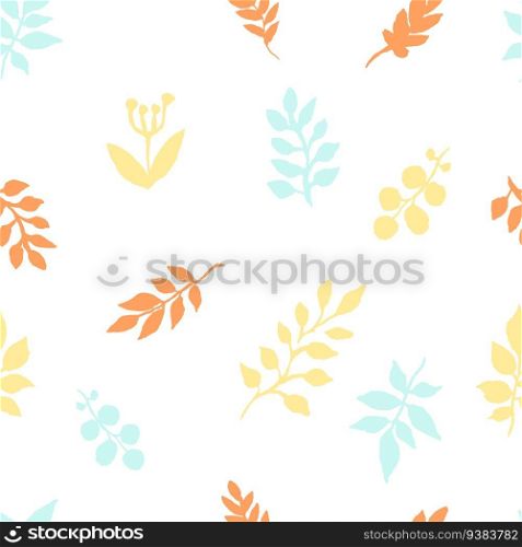 Autumn pattern of watercolor leaves freehand drawing. Sketch of leaves of plants in orange-blue tones, textile pattern EPS8 vector illustration
