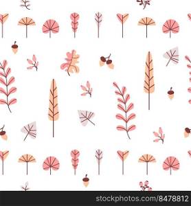 Autumn pattern. Seamless pattern. Decorative autumn leaves, branches, berries and acorns on white background. For autumn decoration and design, packaging and printing. Vector illustration